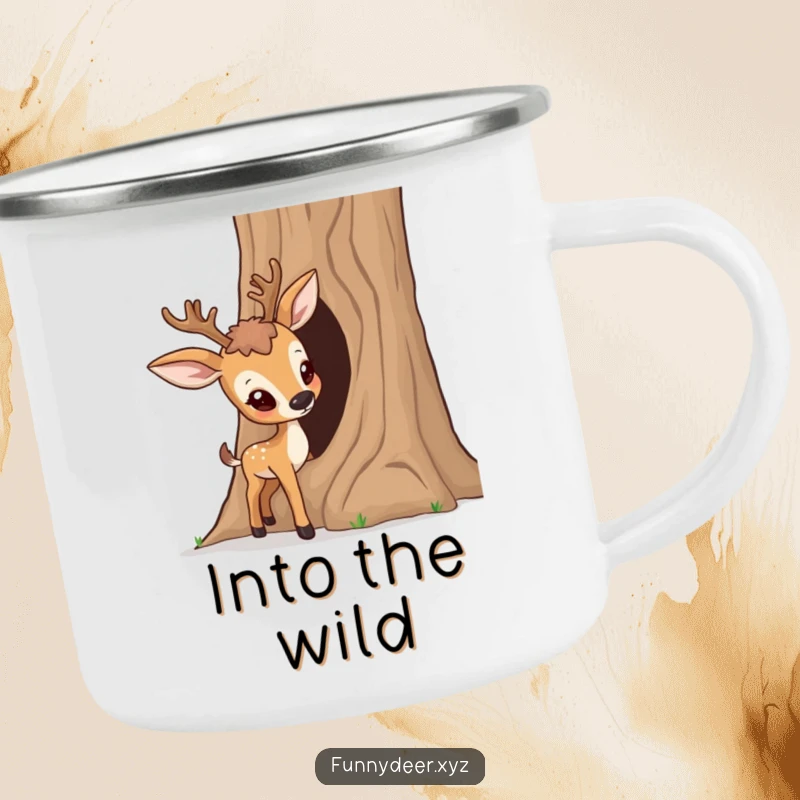 Funny Curious Deer Camping Mug, enamel cup with a deer investigating a tree, ideal for curious campers.
