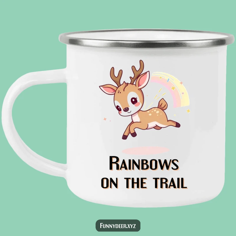 Funny Kawaii Deer Camping Mug: Playful Rainbow Sip, Hilarious Outdoor Gift