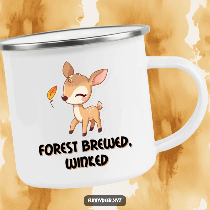 Funny Winking Deer Camping Mug, enamel cup with a winking deer and leaf, perfect for outdoor humor.