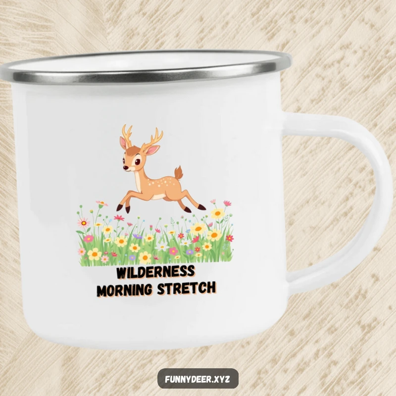 Funny Kawaii Deer Camping Mug: A kawaii deer elegantly leaps through wildflowers, perfect for outdoor sipping and funny gifting.