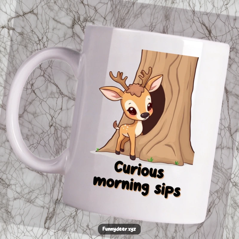 Funny Curious Deer Mug, a deer playfully peeks its nose into a hollow tree trunk, showing inquisitive humor.