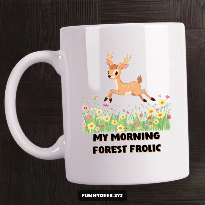 Funny Kawaii Deer Mug: Graceful deer leaps elegantly through a vibrant field of wildflowers, embodying whimsy and joy.