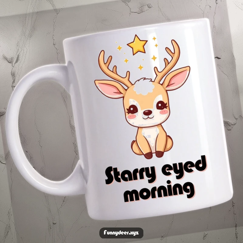 Funny Kawaii Deer Mug: A kawaii deer with antlers adorned with twinkling stars looks peacefully upwards, embodying wonder.