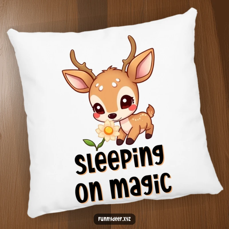 Funny Kawaii Deer Pillow: A soft pillow illustrating a curious kawaii deer investigating a softly glowing flower, bringing whimsical comfort.