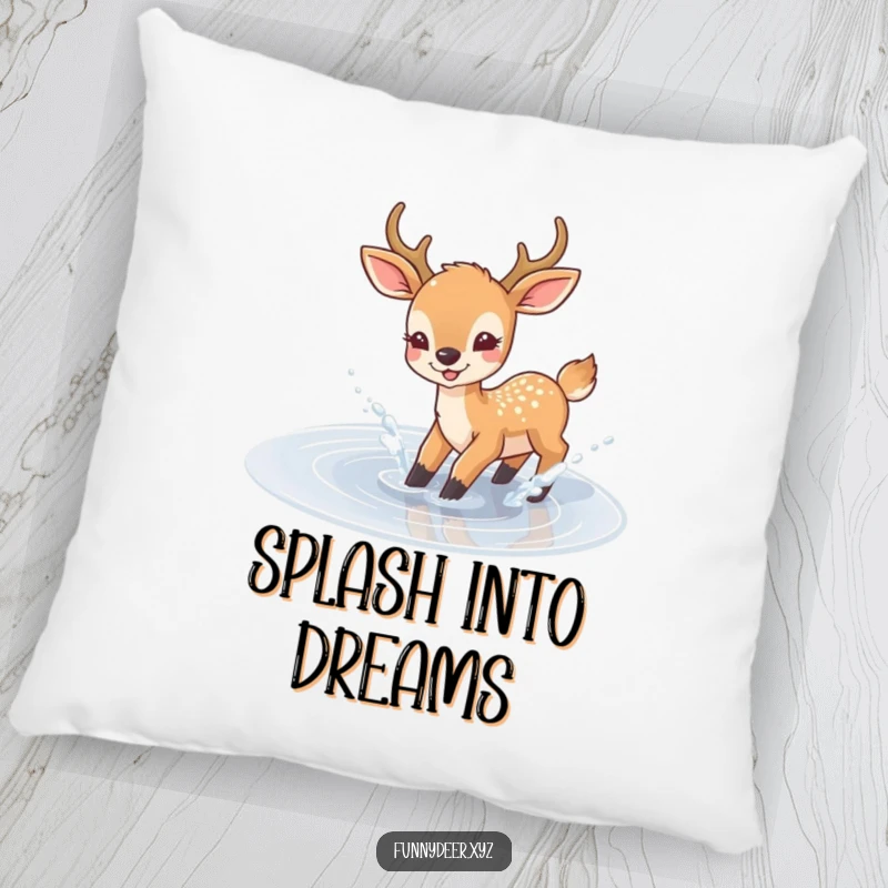 Funny Joyful Deer Pillow, a soft cushion featuring a deer splashing in a puddle, perfect for cozy joy.