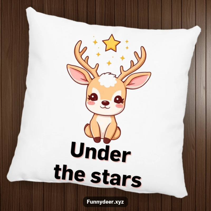 Funny Kawaii Deer Pillow: A soft pillow depicting a kawaii deer with twinkling star antlers gazing upwards, bringing starry comfort.