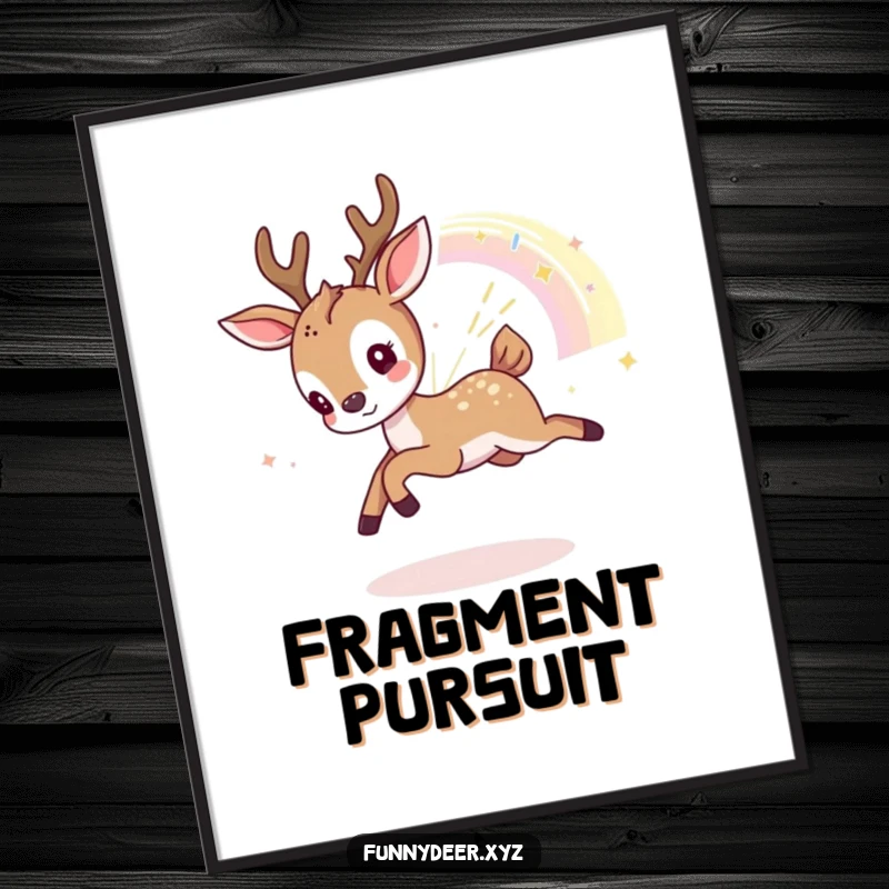 Funny Kawaii Deer Digital Art: A playful kawaii deer chases a shimmering rainbow fragment, instantly downloadable whimsical art.