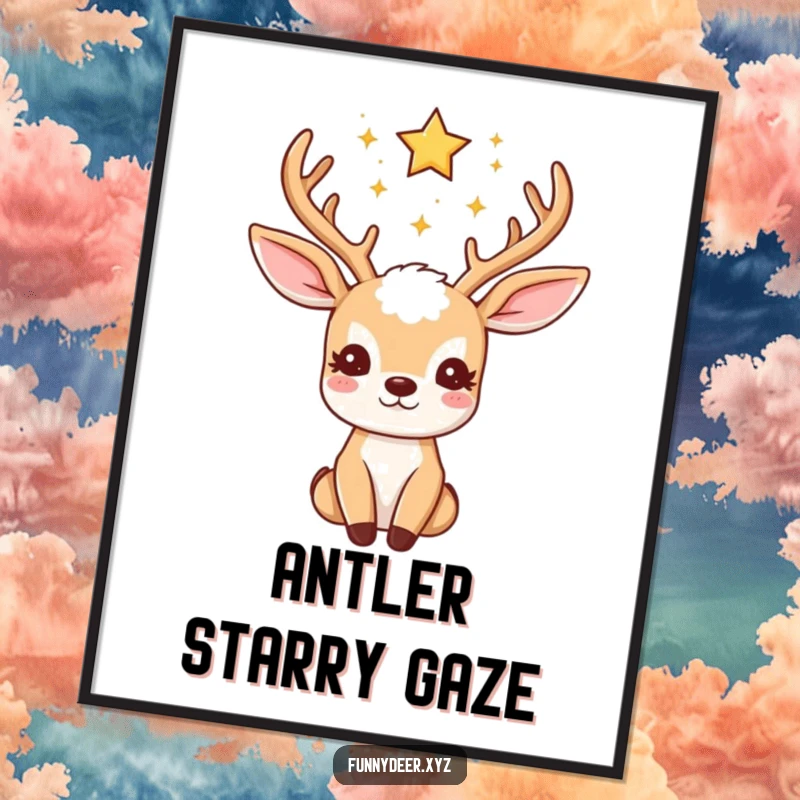 Funny Kawaii Deer Digital Art: A kawaii deer with twinkling star antlers gazes upwards, instantly downloadable celestial art.