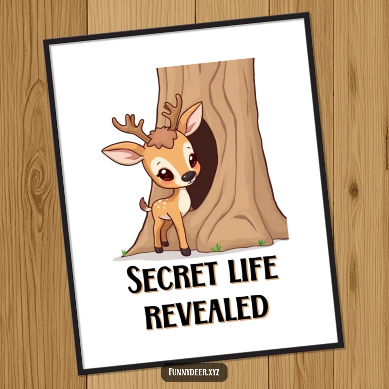 Funny Curious Deer Digital Art Print, a deer curiously pokes into a tree trunk, instant humorous decor.