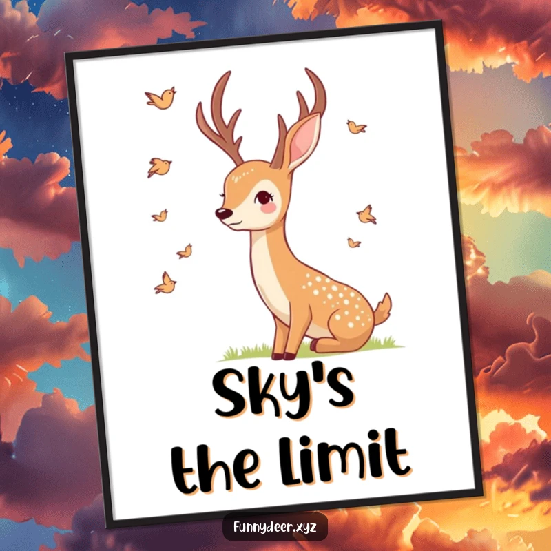 Funny Smiling Deer Digital Art Print, a smiling deer watches birds, instant serene humor.