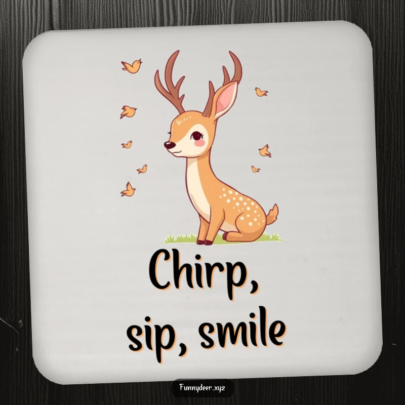 Funny Smiling Deer Coaster, a smiling deer watches birds, protecting surfaces with peaceful humor.