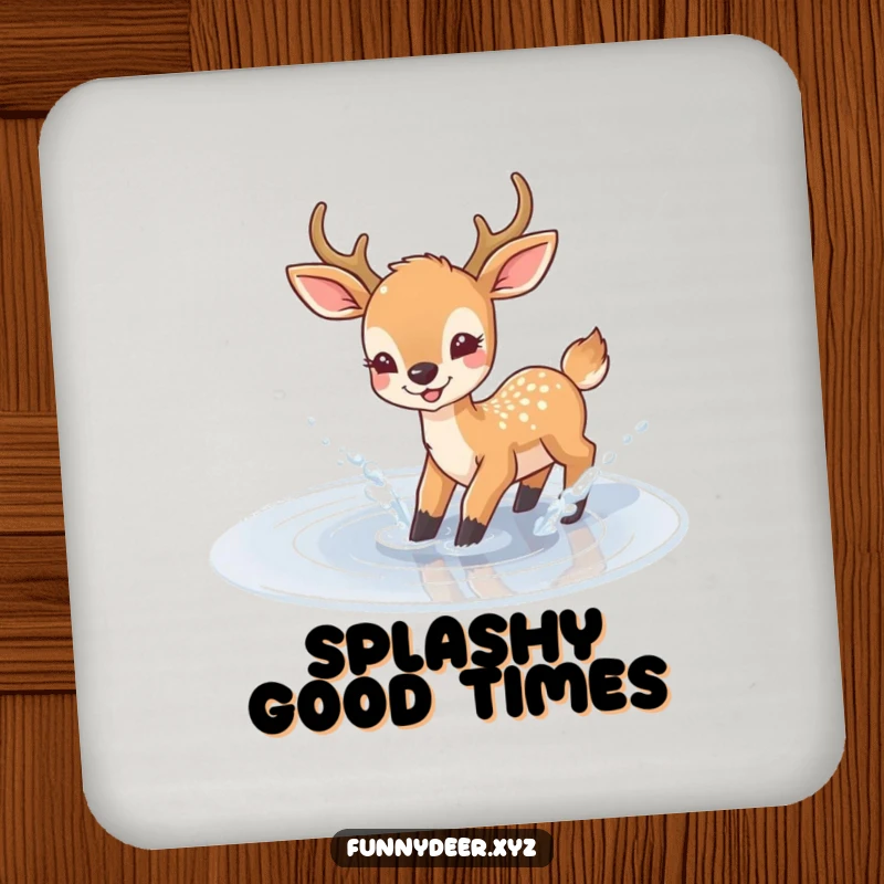 Funny Joyful Deer Coaster, a deer happily splashes in a puddle, protecting surfaces with humor.