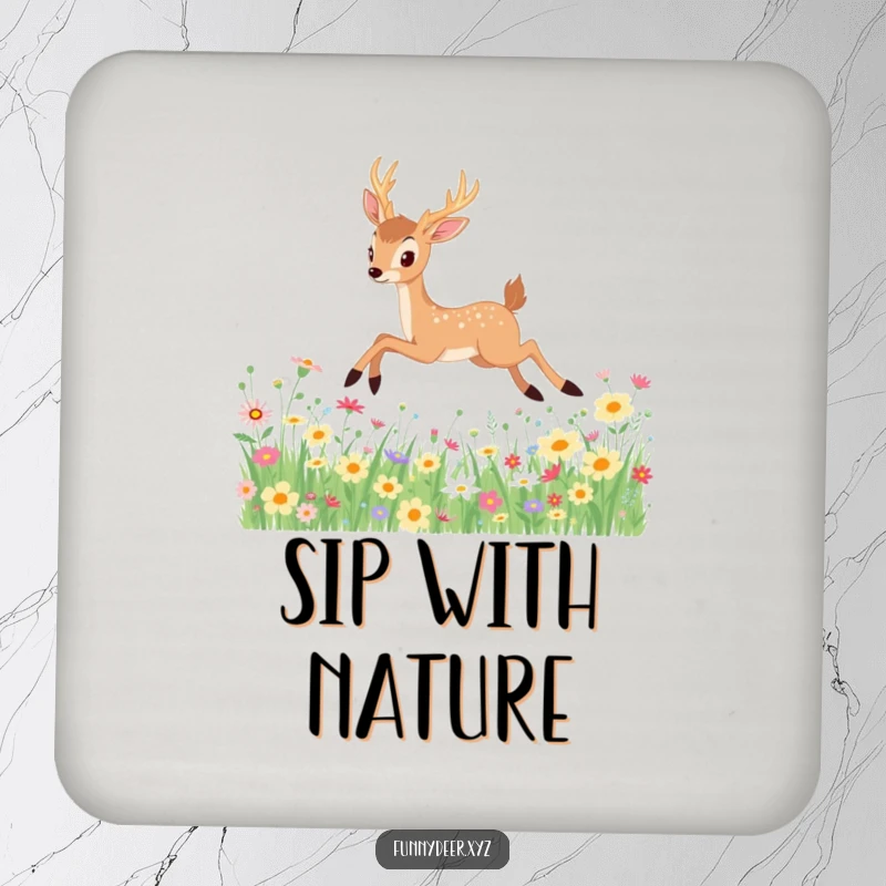 Funny Kawaii Deer Coaster: An elegant kawaii deer leaps gracefully across a wildflower background, protecting surfaces humorously.