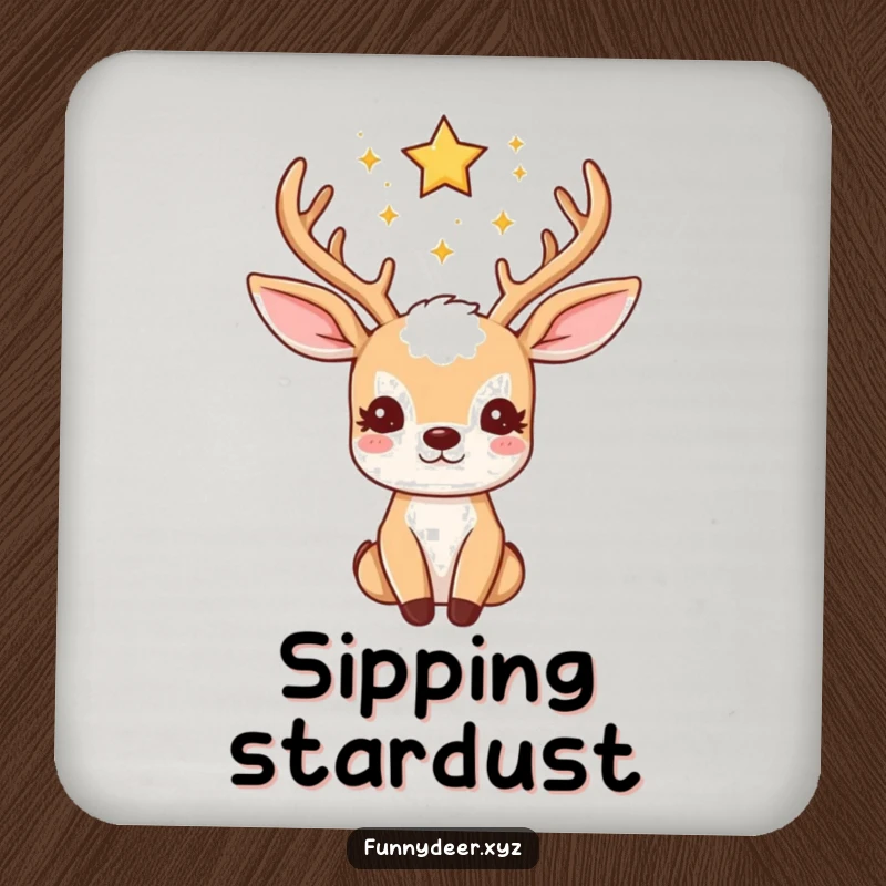 Funny Kawaii Deer Coaster: A kawaii deer with twinkling star antlers gazes upwards, protecting tables with starry charm.