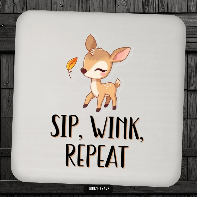 Funny Winking Deer Coaster, a playful deer winks with a leaf, protecting surfaces with humor.