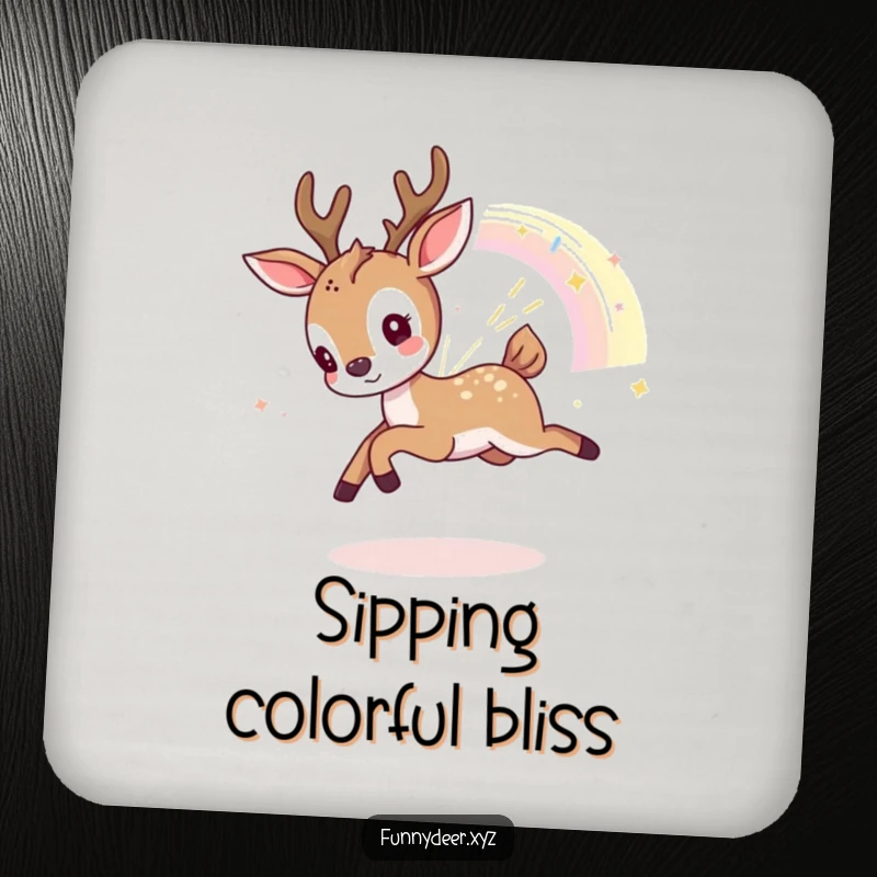 Funny Kawaii Deer Coaster: A playful kawaii deer chases a shimmering rainbow fragment, protecting tables with charm.