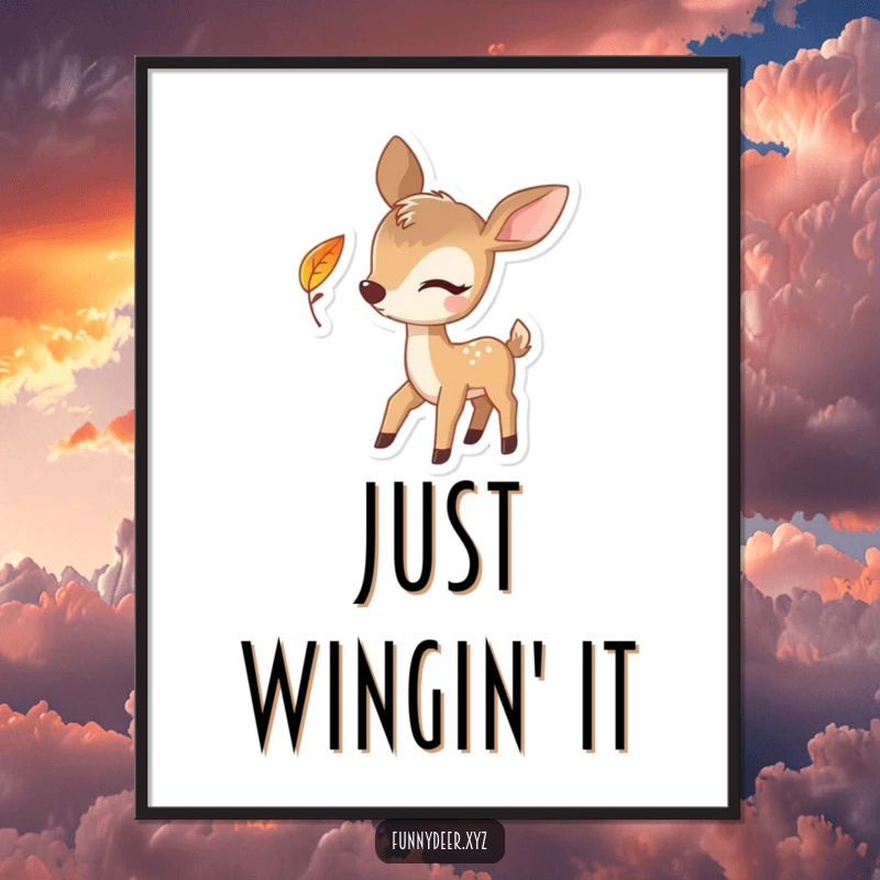 Funny Winking Deer Poster, a playful deer winks beside a falling leaf, bringing humor to wall art.