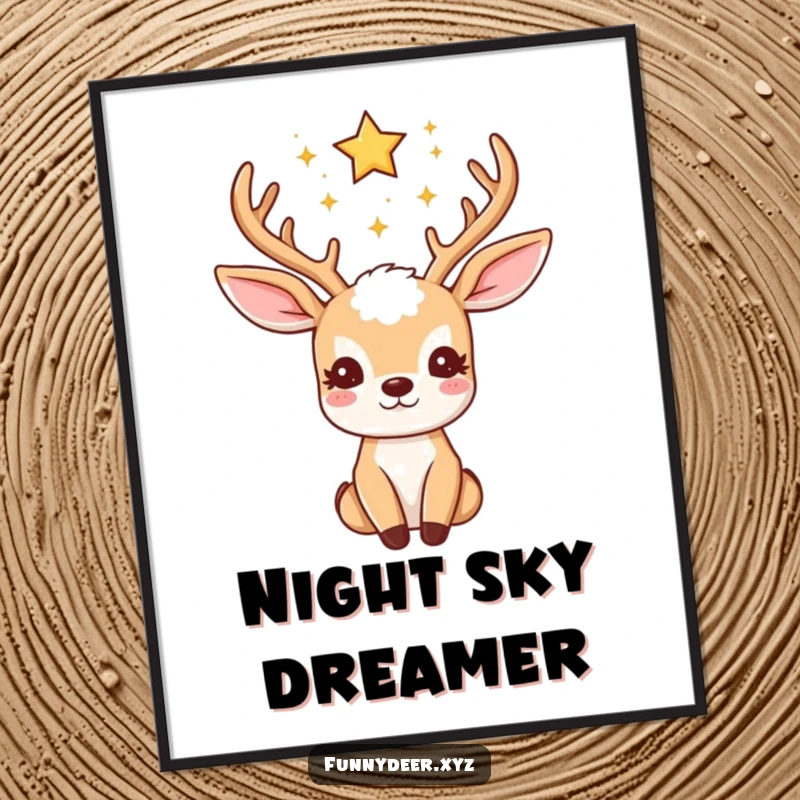 Funny Kawaii Deer Poster: A kawaii deer looks upwards, its antlers adorned with twinkling stars, set against a mystical background.