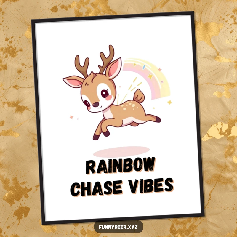 Funny Kawaii Deer Poster: A kawaii deer joyfully plays, chasing a vibrant, shimmering fragment of a rainbow across a whimsical scene.