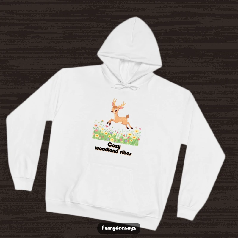 Funny Kawaii Deer Hoodie: A serene kawaii deer gracefully leaps amidst a meadow of blooming wildflowers, bringing calm and cheer.