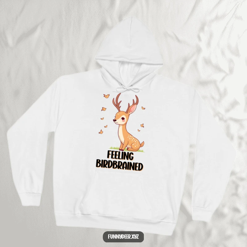 Funny Smiling Deer Hoodie, cozy wear with a smiling deer watching birds, ideal for gentle warmth.