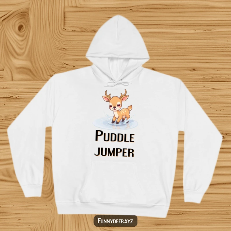 Funny Joyful Deer Hoodie, cozy wear with a deer splashing in a puddle, ideal for happy warmth.