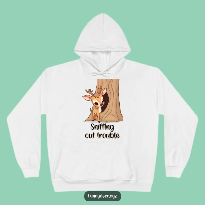 Cozy Funny Curious Deer Hoodie - Tree Trunk Adventure, Warm Humorous Gift