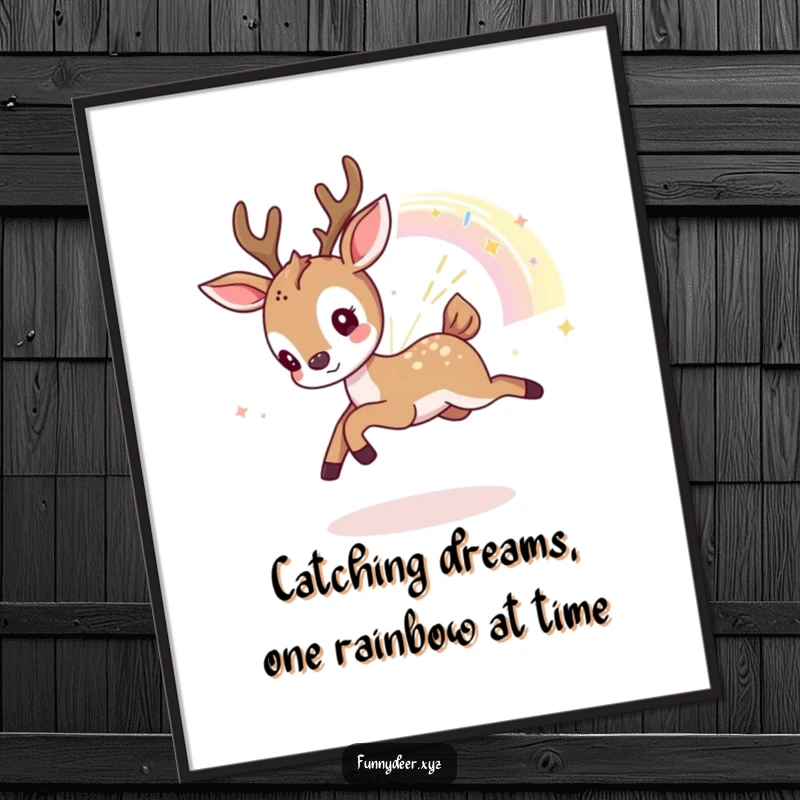 Funny Free Printable Wall Art: An adorable kawaii deer joyfully chasing after a glittering fragment of a vibrant rainbow.