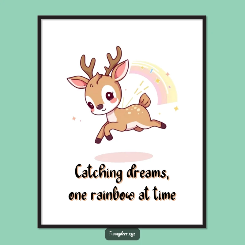 Free Printable Wall Art: Kawaii Deer Chasing Rainbow - Funny Downloadable Decor