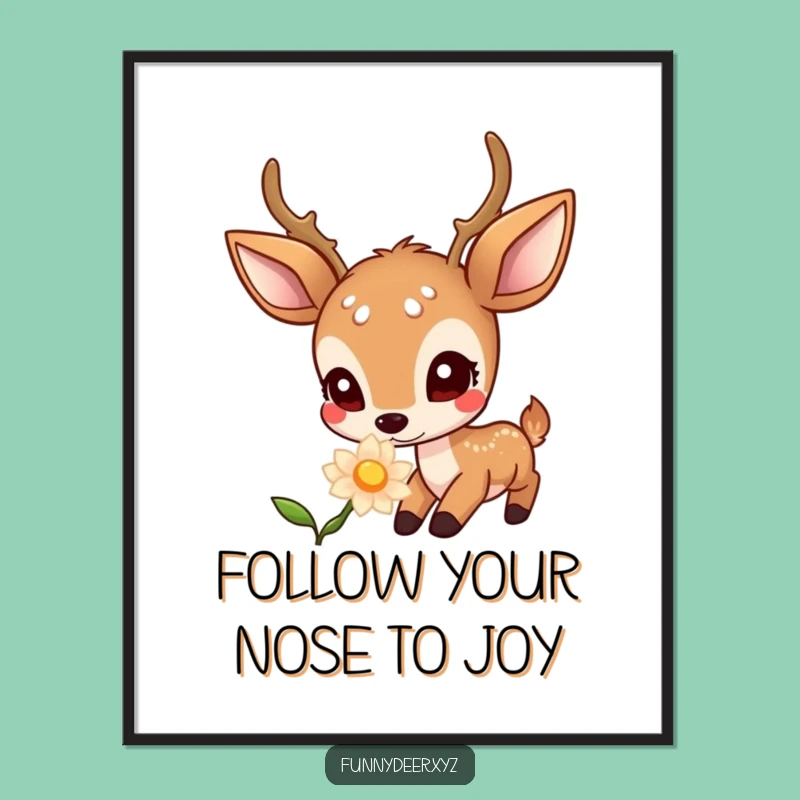 Free Printable Wall Art: Curious Kawaii Deer Sniffing Glowing Flower - Downloadable Decor