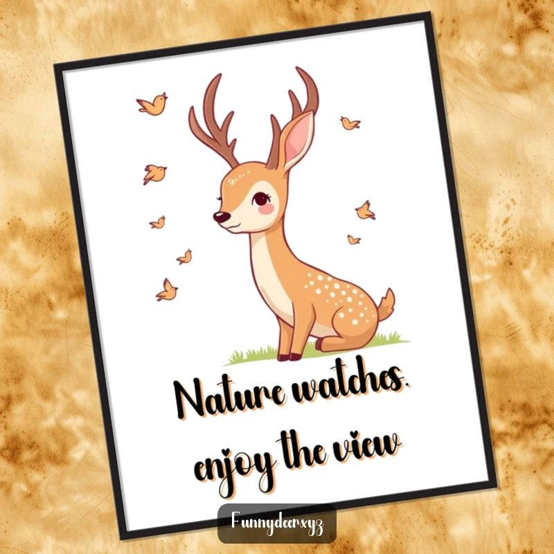 Free Printable Wall Art showcasing a gentle deer with a smile watching tiny stylized birds fly past, serene decor.