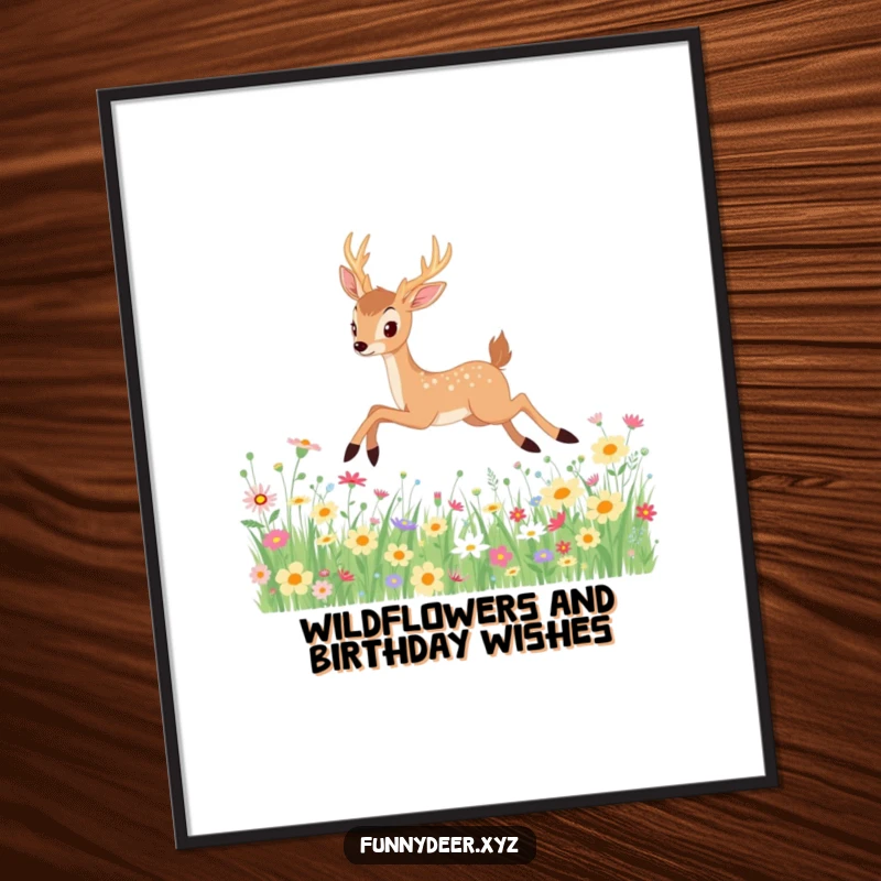 Funny Free Printable Wall Art: Adorable kawaii deer captured in a graceful, leaping pose amidst a vibrant field of wildflowers.
