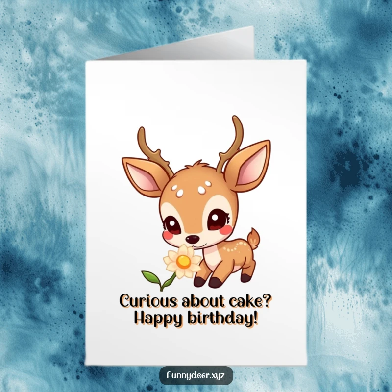 Funny Free Printable Birthday Card: A kawaii deer with big, curious eyes lovingly sniffing a brightly glowing magical flower.