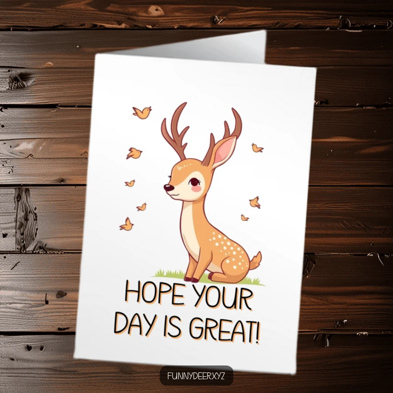 Free Printable Birthday Card with a smiling deer watching tiny birds fly past, a heartwarming downloadable greeting.
