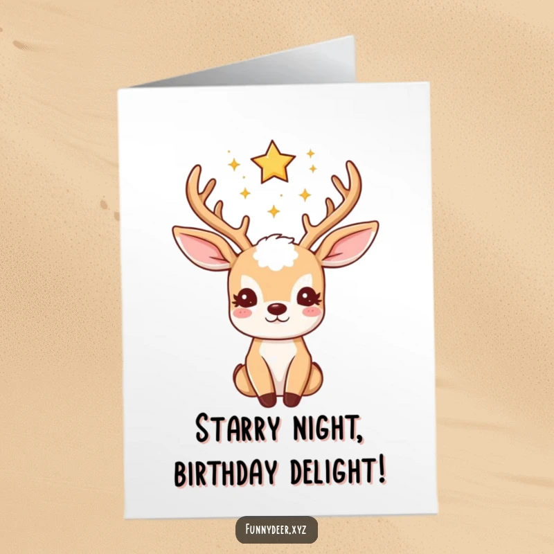 Funny Free Printable Birthday Card: A kawaii deer with star-adorned antlers looking wistfully upwards towards a sparkling night sky.