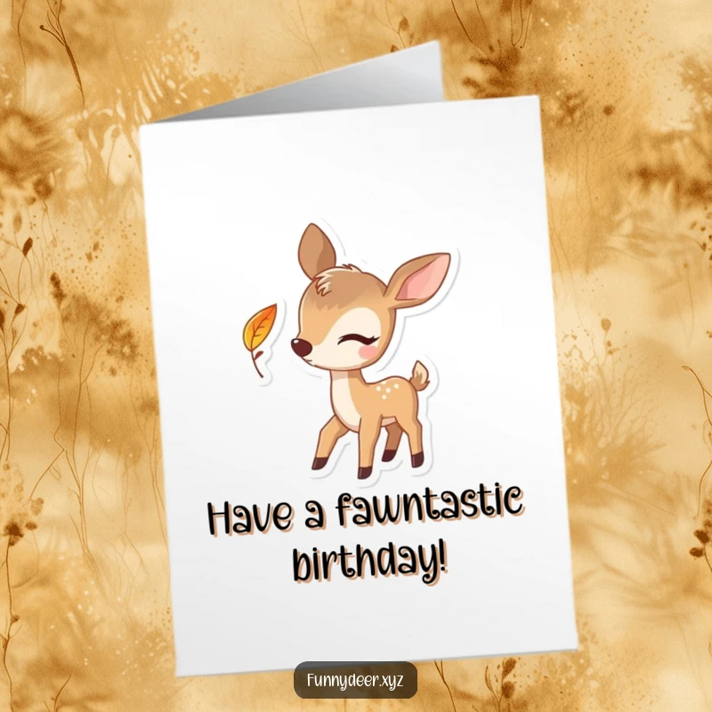Funny Free Printable Birthday Card featuring a deer winking playfully with a falling leaf, making a perfect downloadable gift.