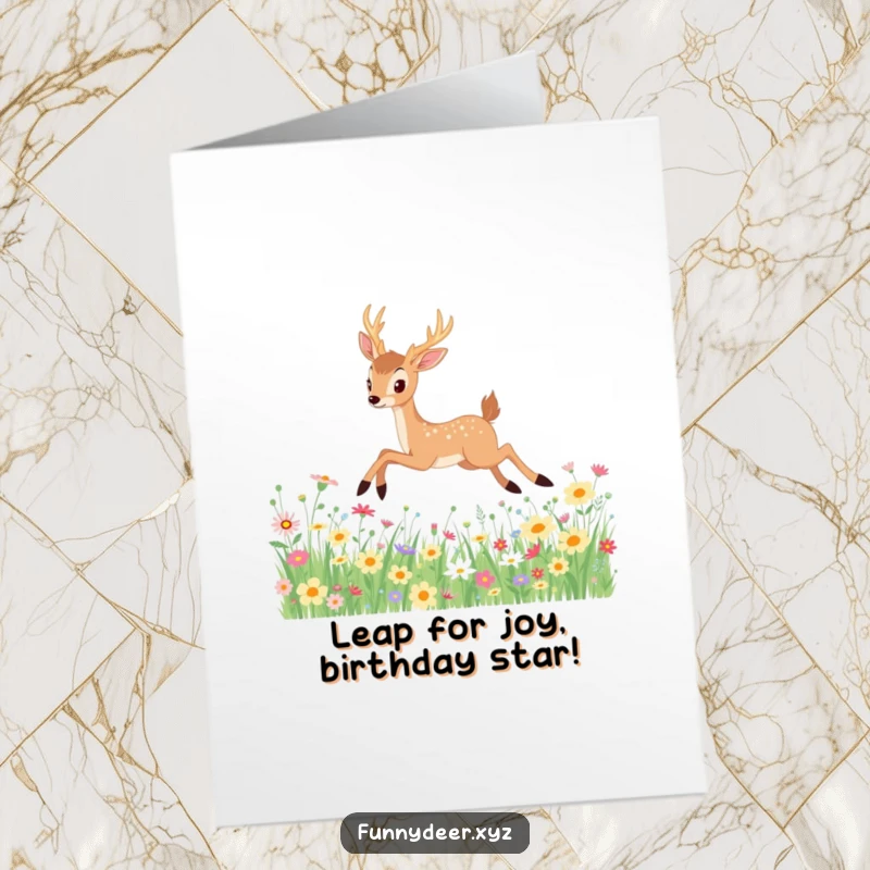 Funny Free Printable Birthday Card: Kawaii deer joyfully leaping through a vibrant field of wildflowers, conveying pure birthday bliss.