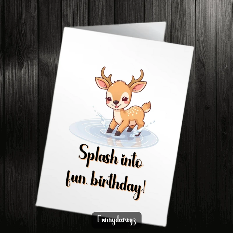 Funny Free Printable Birthday Card with a deer joyfully splashing in a sparkling puddle, a fun downloadable greeting.