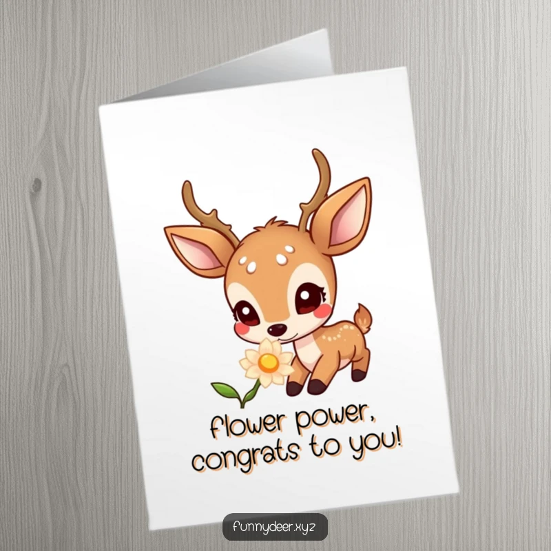 Funny Free Printable Congrats Card: Kawaii deer with wide, curious eyes intently sniffing a radiant, glowing flower in wonder.