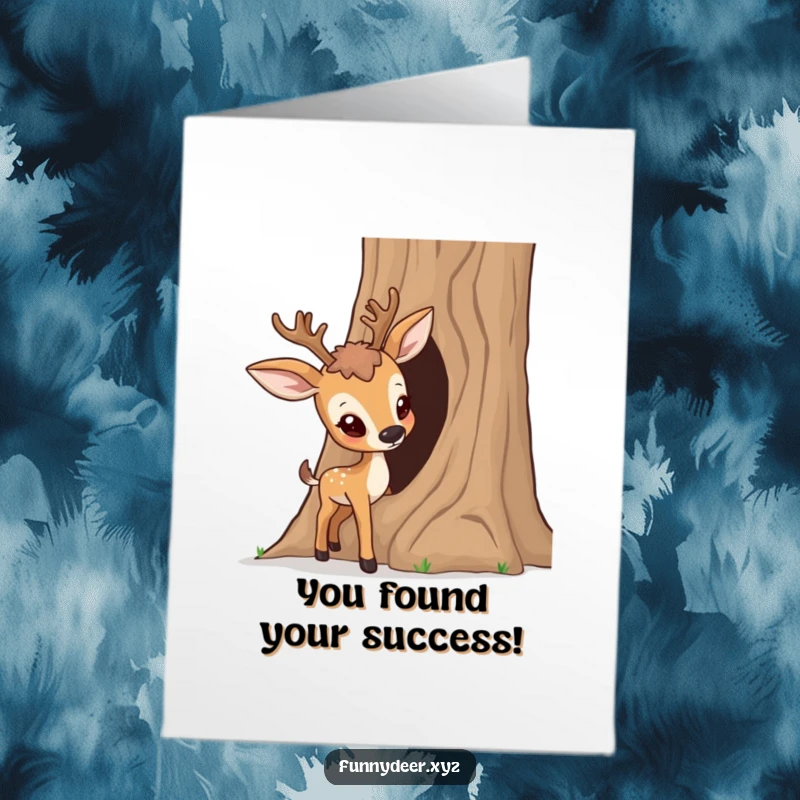 Funny Free Printable Congrats Card depicting a deer curiously investigating a hollow tree, perfect for a humorous downloadable gift.