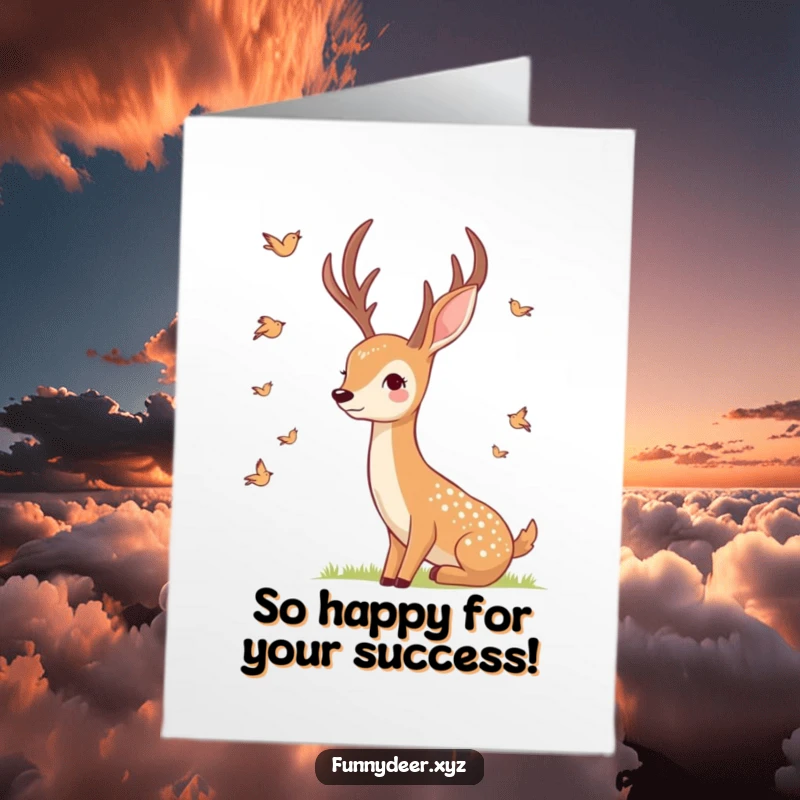 Free Printable Congrats Card showing a smiling deer observing stylized birds, a charming downloadable message.