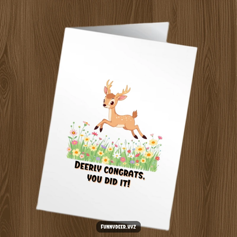 Funny Free Printable Congrats Card: Kawaii deer captured mid-leap through wildflowers, expressing cheerful congratulations and excitement.