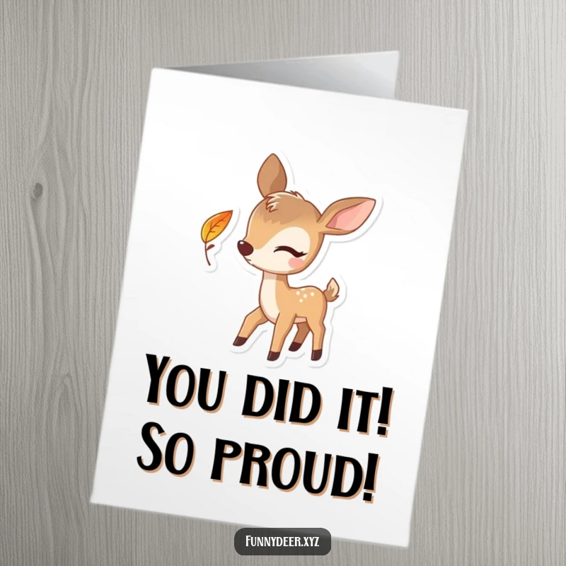 Funny Free Printable Congrats Card showing a deer winking beside a falling leaf, ideal for a humorous downloadable gift.