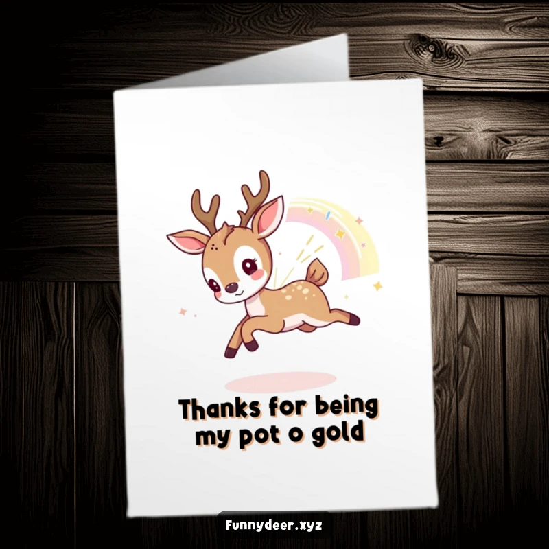 Funny Free Printable Thank You Card: A cute kawaii deer playfully pursuing a fragment of a dazzling rainbow, conveying thanks adorably.