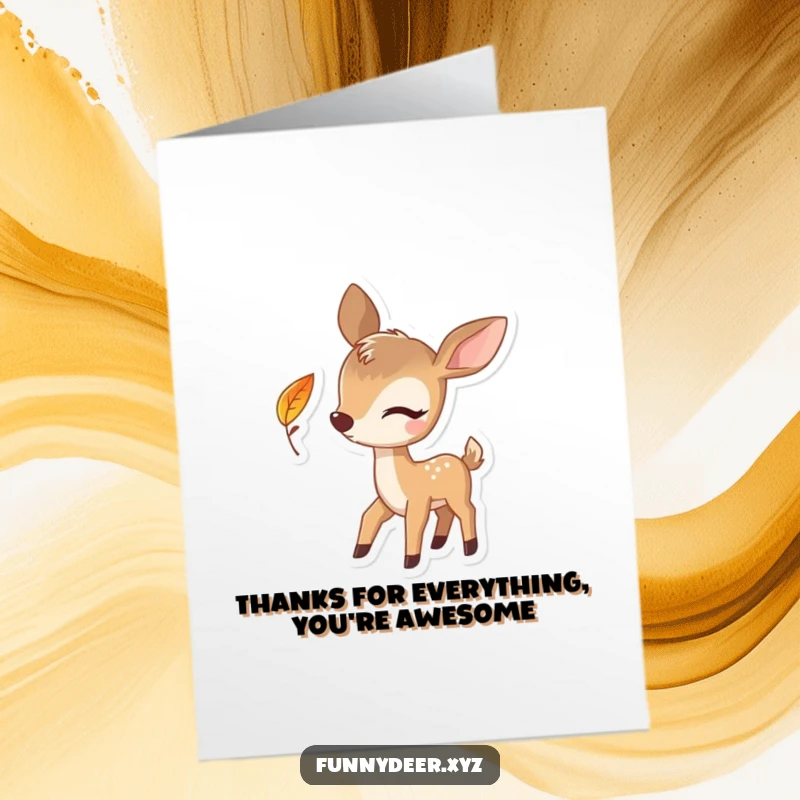 Funny Free Printable Thank You Card with a playfully winking deer and a falling leaf, a great downloadable gift.