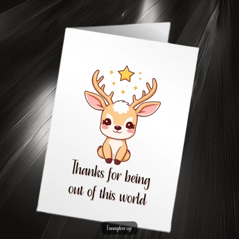 Funny Free Printable Thank You Card: A kawaii deer with antlers full of twinkling stars looking up, conveying quiet gratitude.