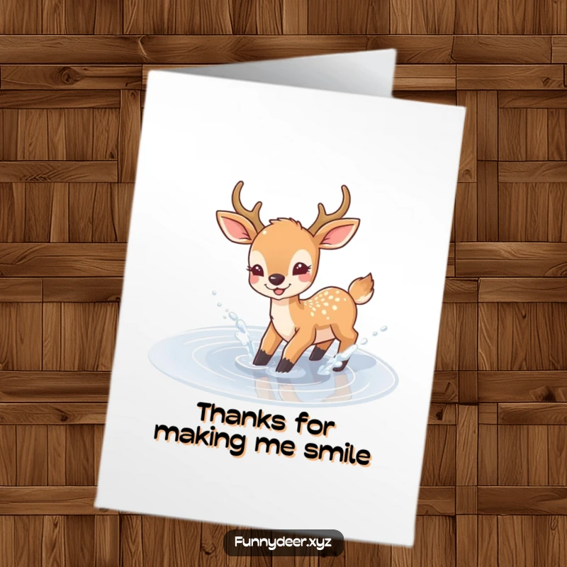 Funny Free Printable Thank You Card showing a deer joyfully splashing in a sparkling puddle, a cheerful downloadable note.