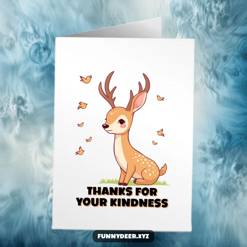 Free Printable Thank You Card with a smiling deer watching tiny birds fly by, a lovely downloadable note.