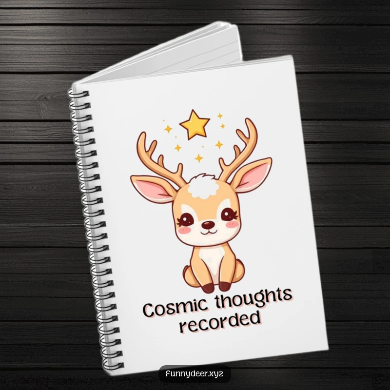 Funny Kawaii Deer Notebook: A kawaii deer with twinkling star antlers gazes upwards, inspiring celestial note-taking.