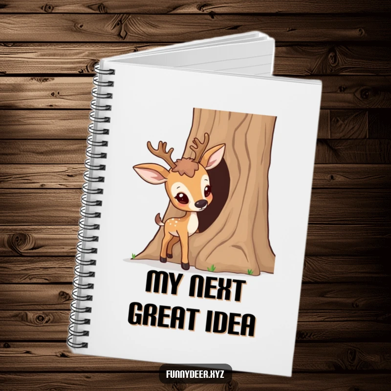 Funny Curious Deer Notebook, cover shows a deer poking its nose into a tree trunk, perfect for curious notes.